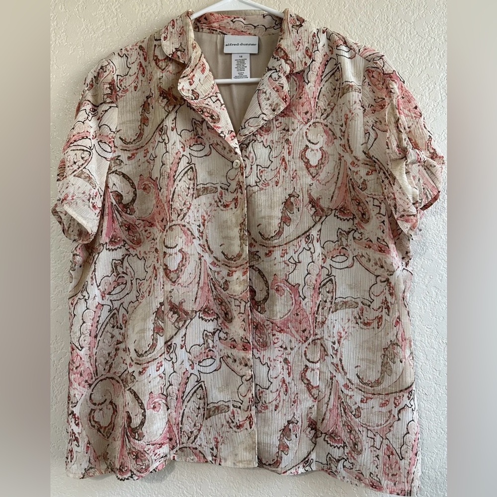 Alfred Dunner Printed Button Down Women Collared Short Sleeve Casual Blouse
